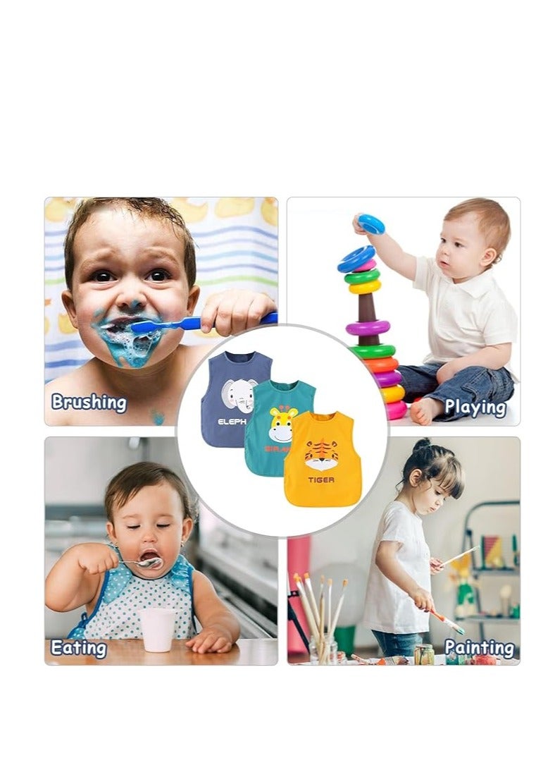 3 Pack Baby Bibs, Sleeveless Sleeve Bibs, Toddler Bibs Baby Feeding Bib Set with Crumb Catcher Pocket, Unisex Washable Adjustable Apron Little Kids Soft Protection Clothes 6-12 Months