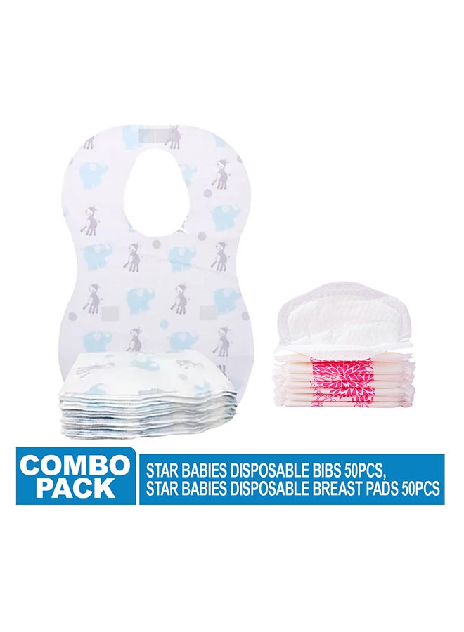 Star Babies Combo Pack Disposable Bibs Pack Of 50 Disposable Breast Pad Pack of 50 - Elephant