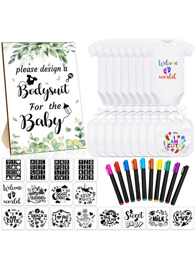 43 Pcs Diy Baby Bibs Decorating Kit 8 Bodysuits 8 Pcs 2 Ply White Bibs 10 Fabric Markers 16 Stencils Baby Shower Sign (Greenery)