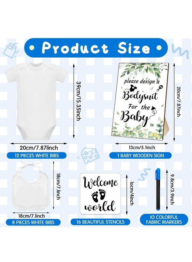 43 Pcs Diy Baby Bibs Decorating Kit 8 Bodysuits 8 Pcs 2 Ply White Bibs 10 Fabric Markers 16 Stencils Baby Shower Sign (Greenery)