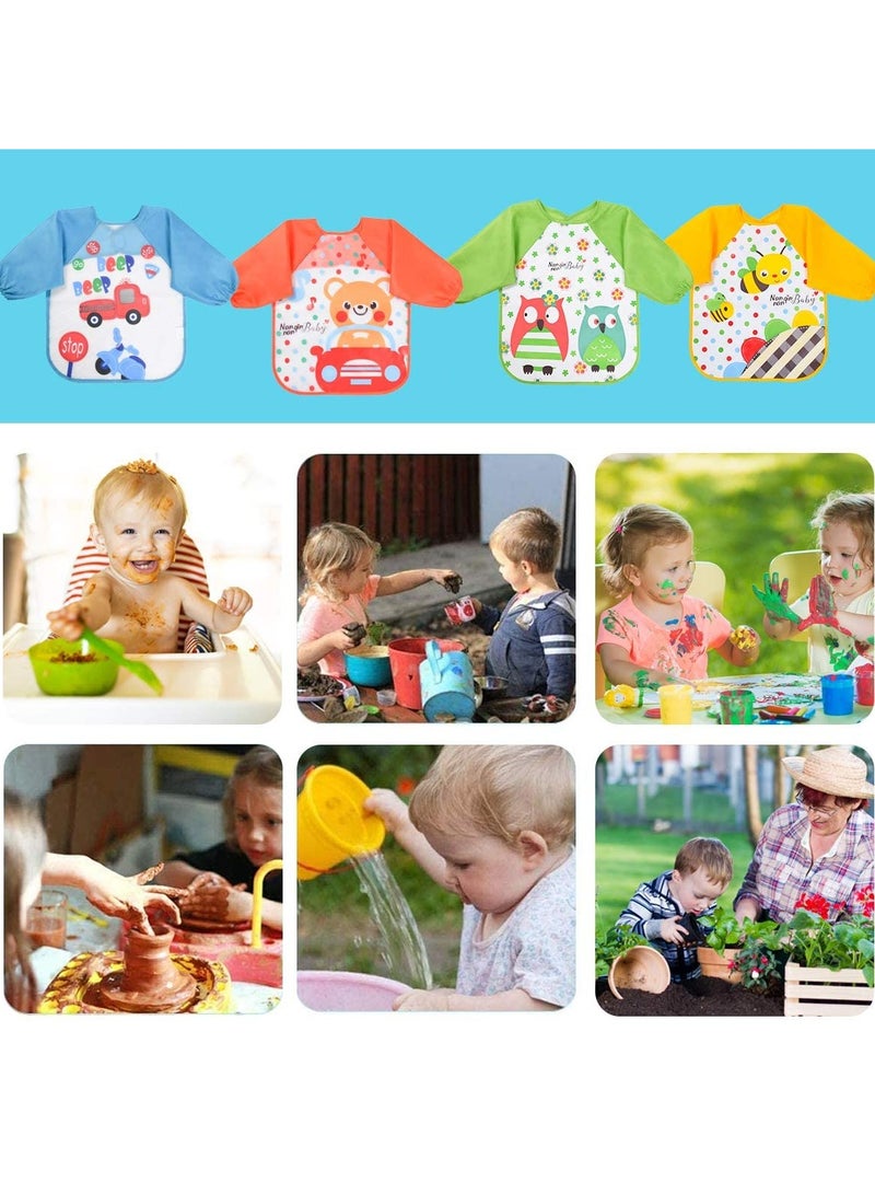Bibs with Sleeves, 4 Pcs EVA Baby Bib Waterproof Long Sleeve Bib Unisex Feeding Bibs Apron Lovely Cute Cartoon Bibs for Infant Toddler 6 Months to 3 Years Old