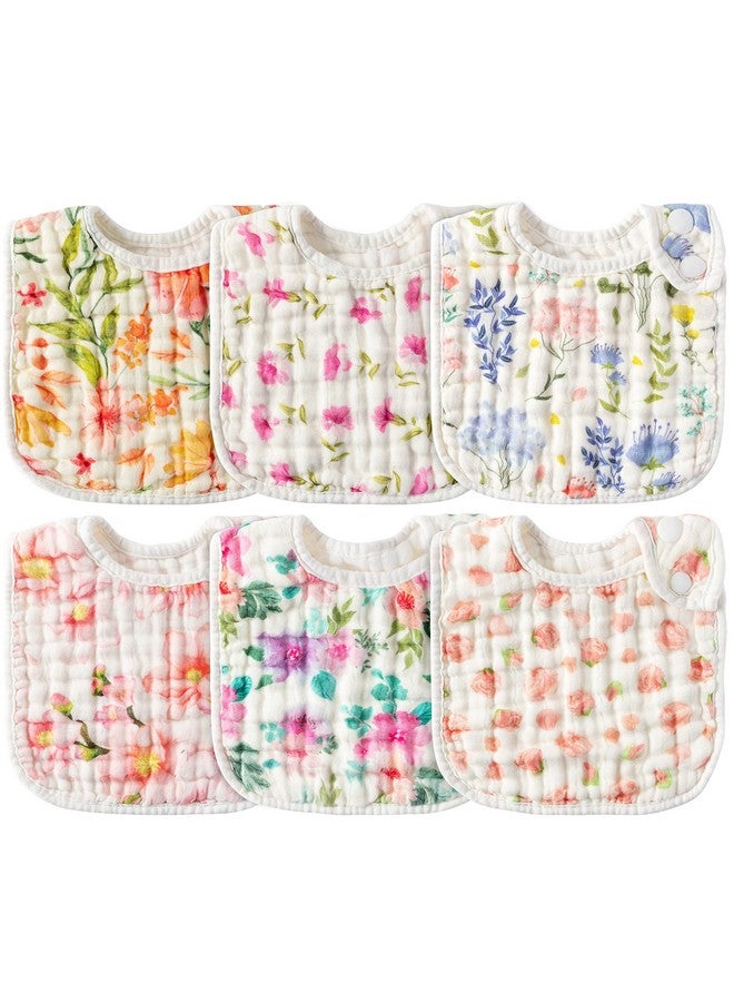 6Pcs Snap Muslin Cotton Baby Bibs Flowers Pattern Infants Feeding Bib Adjustable Machine Washable Girls Burp Cloths Unisex Drool Bibs With 6 Absorbent & Soft Layers For Eating And Teething