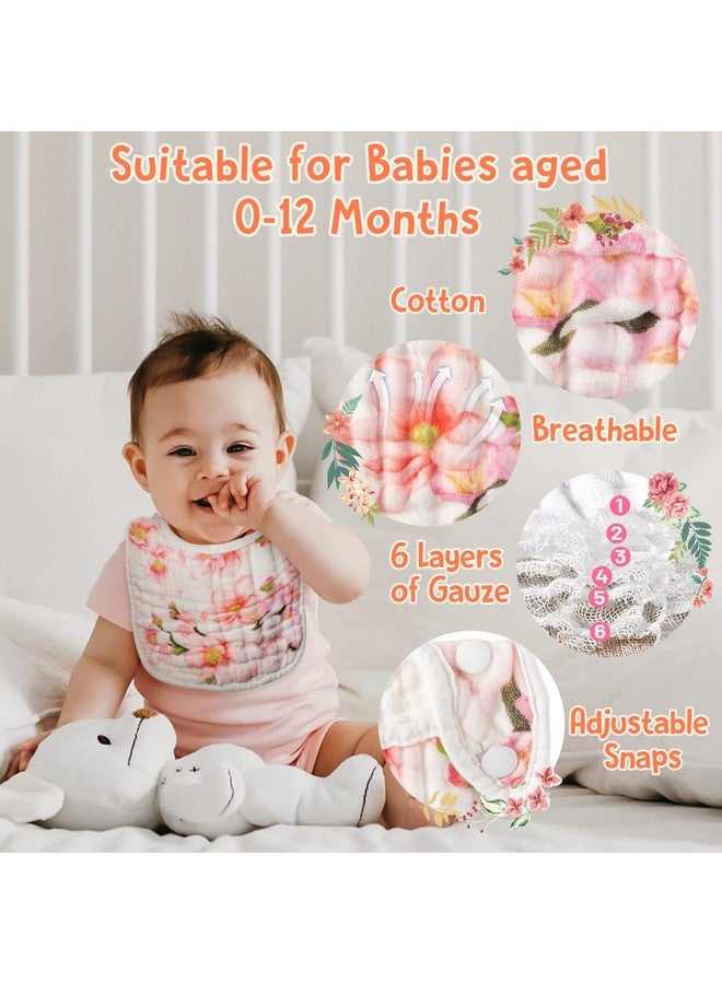 6Pcs Snap Muslin Cotton Baby Bibs Flowers Pattern Infants Feeding Bib Adjustable Machine Washable Girls Burp Cloths Unisex Drool Bibs With 6 Absorbent & Soft Layers For Eating And Teething