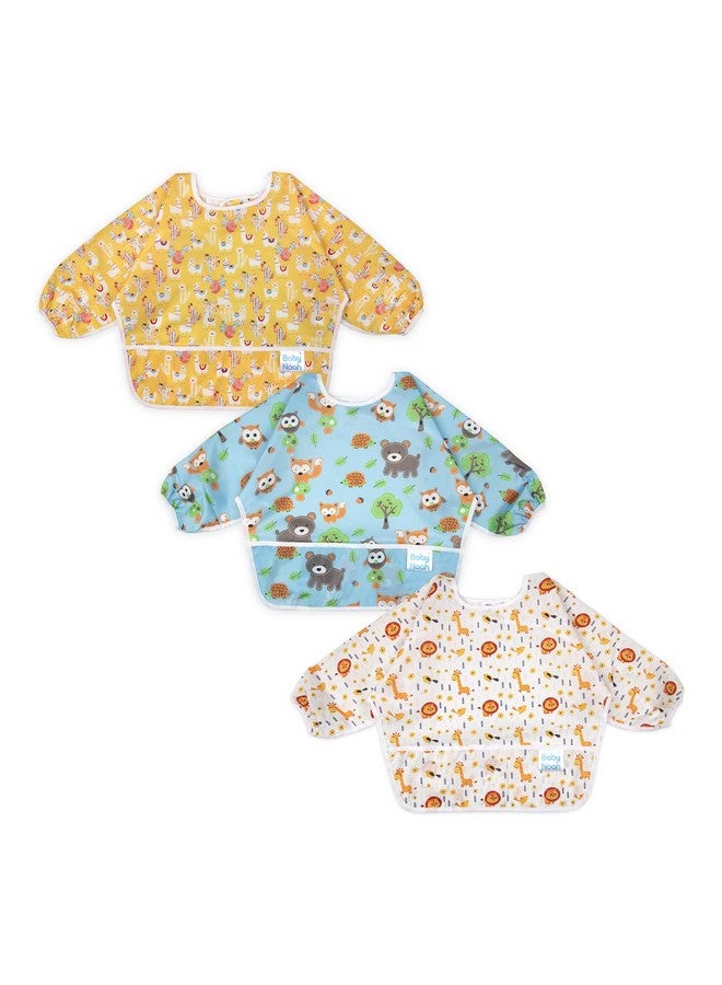 3 Pcs Long Sleeved Bib Set | Baby Waterproof Bibs With Pocket Bundle | Toddler Bib With Sleeves And Crumb Catcher | Stain And Odor Resistance Play Smock Apron Pack Of 3 | 624 Months