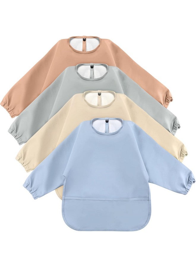 4 Pack Long Sleeve Baby Bibs Waterproof Long Sleeved Bib Baby Eating Smock Bib Feeding Shirt Bib With Food Catcher(Soft Color)