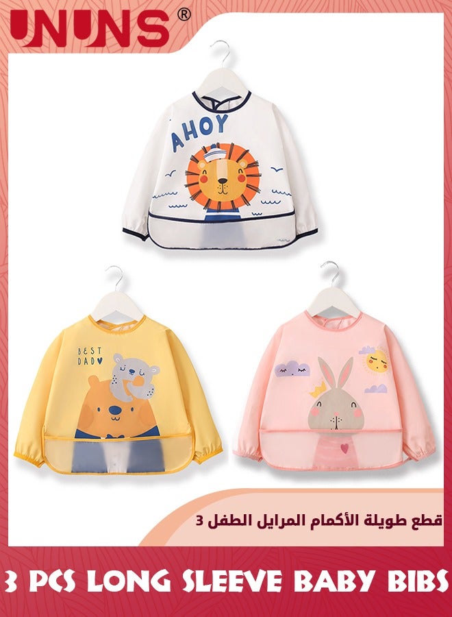 Baby Bibs With Sleeves,3 Pack Waterproof Long Sleeve Bib,Kids Painting Bib,Cute Pattern Feeding Bibs,Unisex Smock Apron Set For Infant Toddler 6 Months To 3 Years,Multi-Color And Multi-Pattern