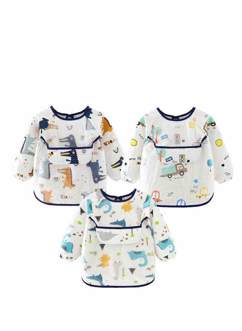 Waterproof Baby Bibs with Long Sleeves, Toddler Smock Apron Set, 3 Pack for Infants 6-36 Months.