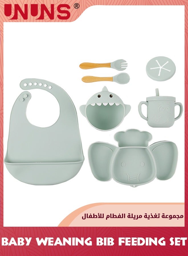 Baby Feeding Set,Infant Led Weaning Feeding Supplies,Silicone Toddlers Self Eating Utensils Set-Wooden Spoons Forks,Adjustable Bib,Straw Cup With Snack Lid,Suction Bowl,Divided Plate,Turquoise