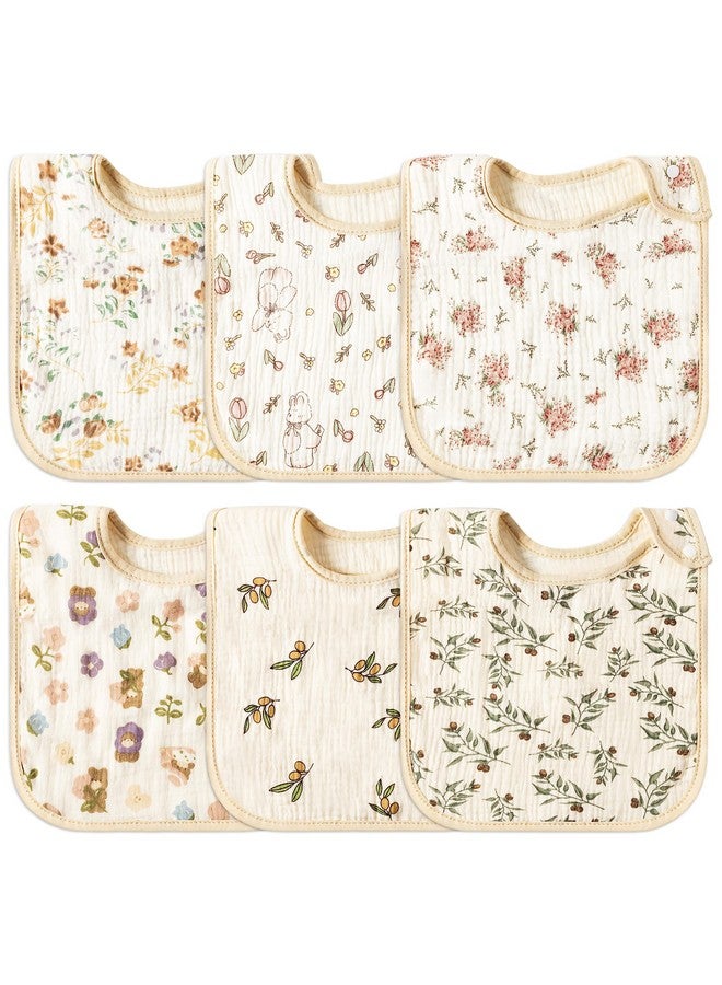 6Pcs Snap Muslin Cotton Baby Bibs Flowers Rabbits Patterns Infants Drooling Bib Soft & Absorbent Adjustable Burp Cloths Feeding Bibs For Newborns Girls Boys Toddlers Teething Eating 036 Months