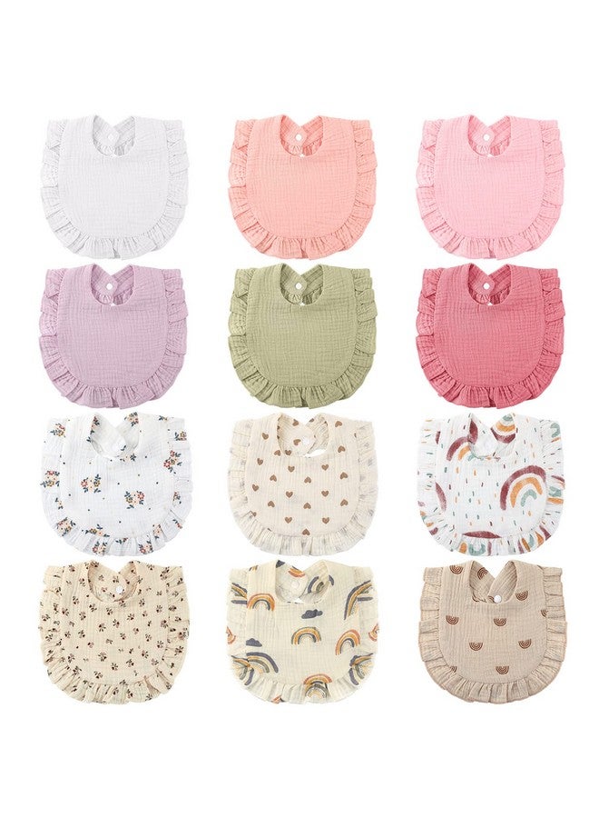 12 Pcs Baby Muslin Bibs Unisex Drool Teething Bibs Adjustable Drool Bibs Feeding Cloth Baby Bibs For Baby Infants(Sweet Color)