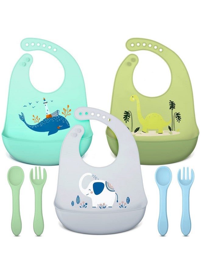 3 Pack Silicone Bibs For Babies With Spoon Fork Silicone Feeding Bibs For Toddlers Boys Kids Girls (Vivid Style)