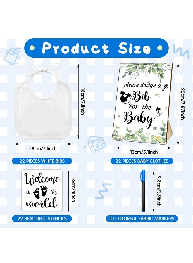 55 Pcs Diy Baby Bibs Set Includes 22 White Feeder Bibs 22 Stencils 10 Fabric Markers 1 Wooden Baby Shower Game Sign (Greenery)