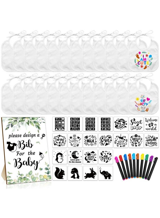 55 Pcs Diy Baby Bibs Set Includes 22 White Feeder Bibs 22 Stencils 10 Fabric Markers 1 Wooden Baby Shower Game Sign (Greenery)