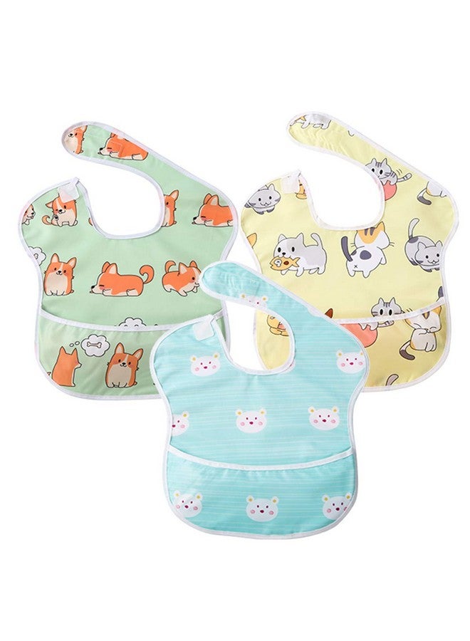 3 Pack Baby Bibs Waterproof Bib Easy To Clean Feeding Bibs Weaning Bibs Adjustable Closed For Babies Toddlers With Large Pocket 636Months(Cat & Dog & Bear)