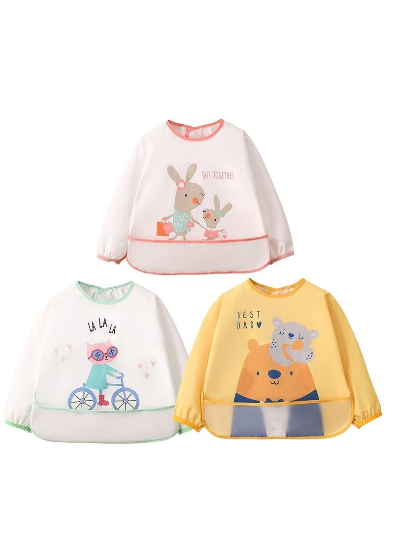 Long Sleeves Baby Bibs, 3 Pcs Waterproof Smock Apron Set Food Catcher Pocket Soft Machine Washable Stain Odor Resistant for 6 24 Months Kids