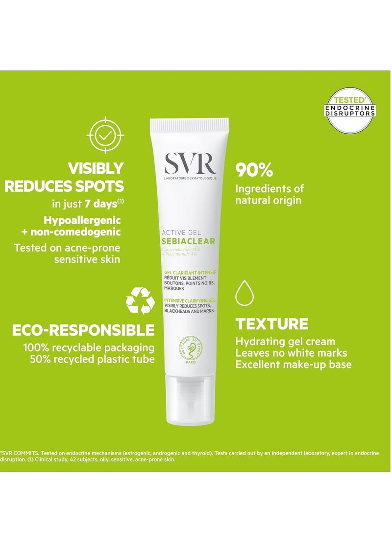 SVR Sebiaclear Active Gel - Face Gel-Cream for Oily to Combination Skin - Oil Free Facial Moisturizer with Niacinamide and PHA to reduce the appearance of Blemishes, Blackheads and Redness, 1.3 fl.oz.