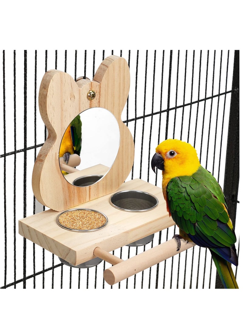 Bird Perch with Mirror and Stainless Steel Feeding Cups,Wooden Parrot Mirror Toy for Bird Cage, Bird Food water Feeder Perches for Budgie Parakeet Lovebird African Grey Macaw Cockatiels, And Fun Play