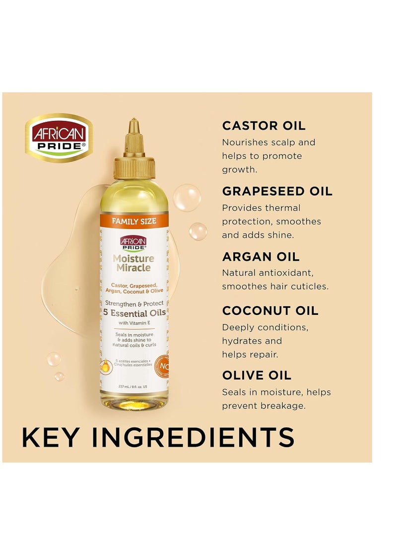 African Pride Moisture Miracle 5 Essential Hair Oils - Contains Castor, Grapeseed, Argan, Coconut & Olive Oil, Seals in Moisture & Adds Shine to Hair, Vitamin E, 8 oz