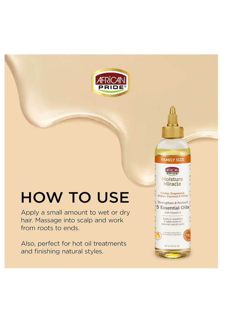 African Pride Moisture Miracle 5 Essential Hair Oils - Contains Castor, Grapeseed, Argan, Coconut & Olive Oil, Seals in Moisture & Adds Shine to Hair, Vitamin E, 8 oz