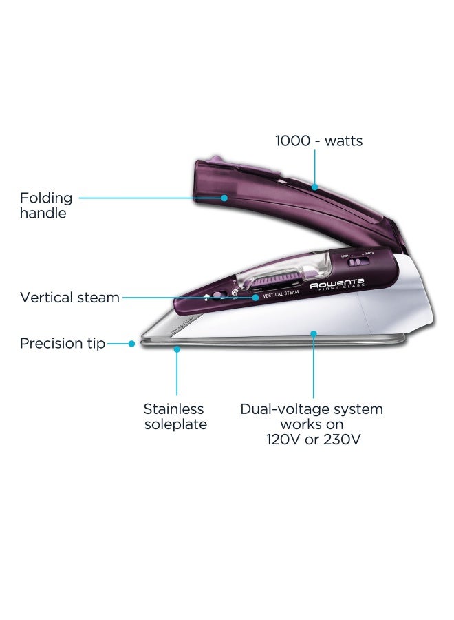 Rowenta Travel Iron Pro Compact Stainless Steel Soleplate Steam Iron For Clothes 200 Microsteam Holes 1000 Watts Ironing Fabric Steamer Dual Voltage Purple Mini Iron Da1560