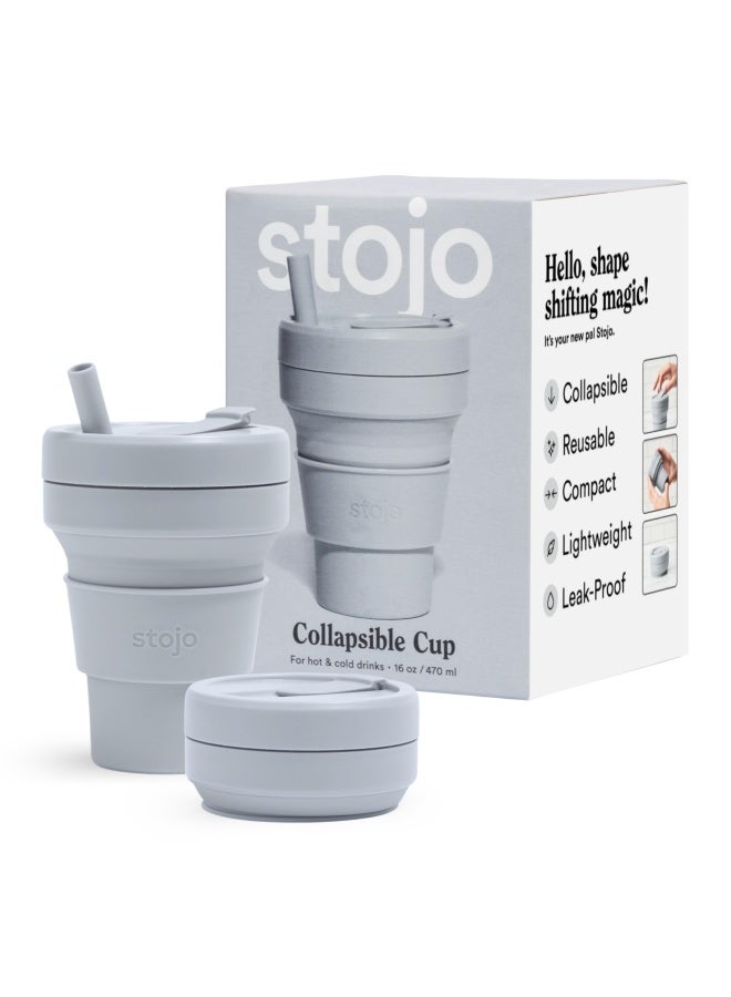 Collapsible Travel Cup with Straw Cashmere Gray 16oz 470ml - Reusable to-Go Pocket Size Silicone Bottle for Hot and Cold Drinks - Perfect for Camping  Hiking - Microwave  Dishwasher Safe