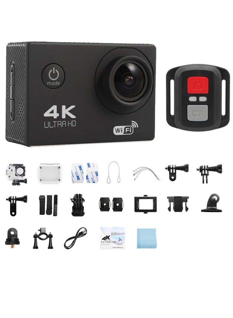4K Action Camera, 1080p Wifi Multifunctional Underwater Waterproof Camera, Remote Control Ultra HD Video Camera, Rechargeable Helmet Video Recording Camera For Vlogging, (1pc, Black)