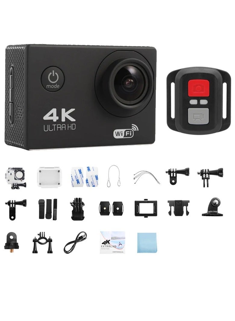 4K Action Camera, 1080p Wifi Multifunctional Underwater Waterproof Camera, Remote Control Ultra HD Video Camera, Rechargeable Helmet Video Recording Camera For Vlogging, (1pc, Black)