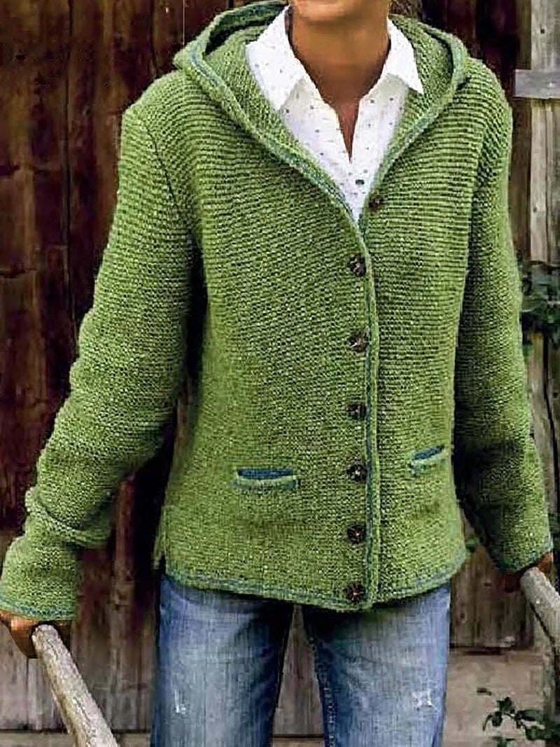 2019 New Sweater Solid Color Hooded Knit Cardigan Women Green Green