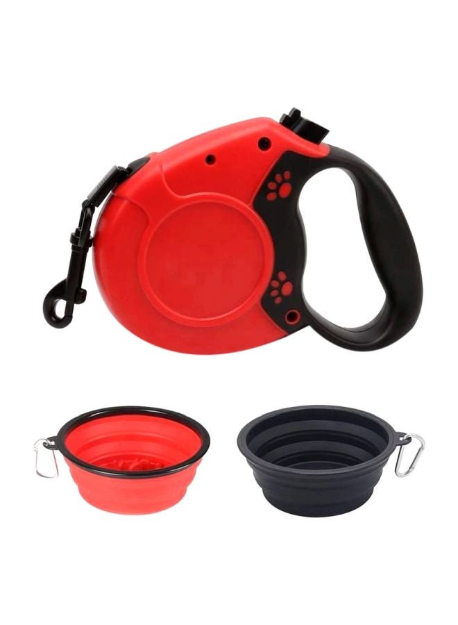 3-Piece Auto Retractable Leash And Feeding Bowl Set Red/Black 5meter