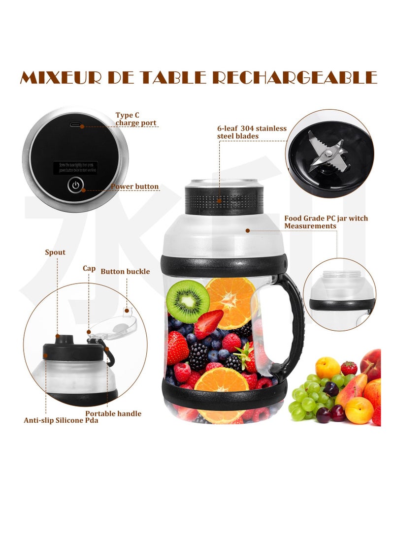 Portable Blender, 60oz Personal Blender for Shakes and Smoothies with 6pcs 3D Blades, Strong Blending Power, USB Rechargeable BPA Free Smoothie Blender with Lid for Sports, Travel, Gym, Black