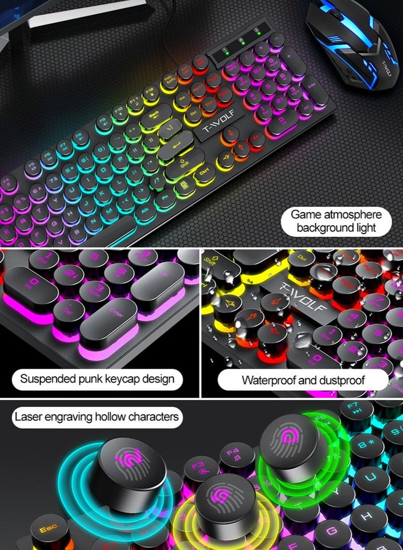 Typewriter Style Mechanical Gaming Keyboard and Mouse Combo RGB Backlit Wired with Switch Retro Round Keycap 104 Keys Keyboard  Cool Light Up Keyboard and Mouse for Gaming,Work,Mac,PC,Windows