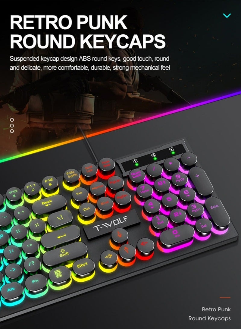 Typewriter Style Mechanical Gaming Keyboard and Mouse Combo RGB Backlit Wired with Switch Retro Round Keycap 104 Keys Keyboard  Cool Light Up Keyboard and Mouse for Gaming,Work,Mac,PC,Windows