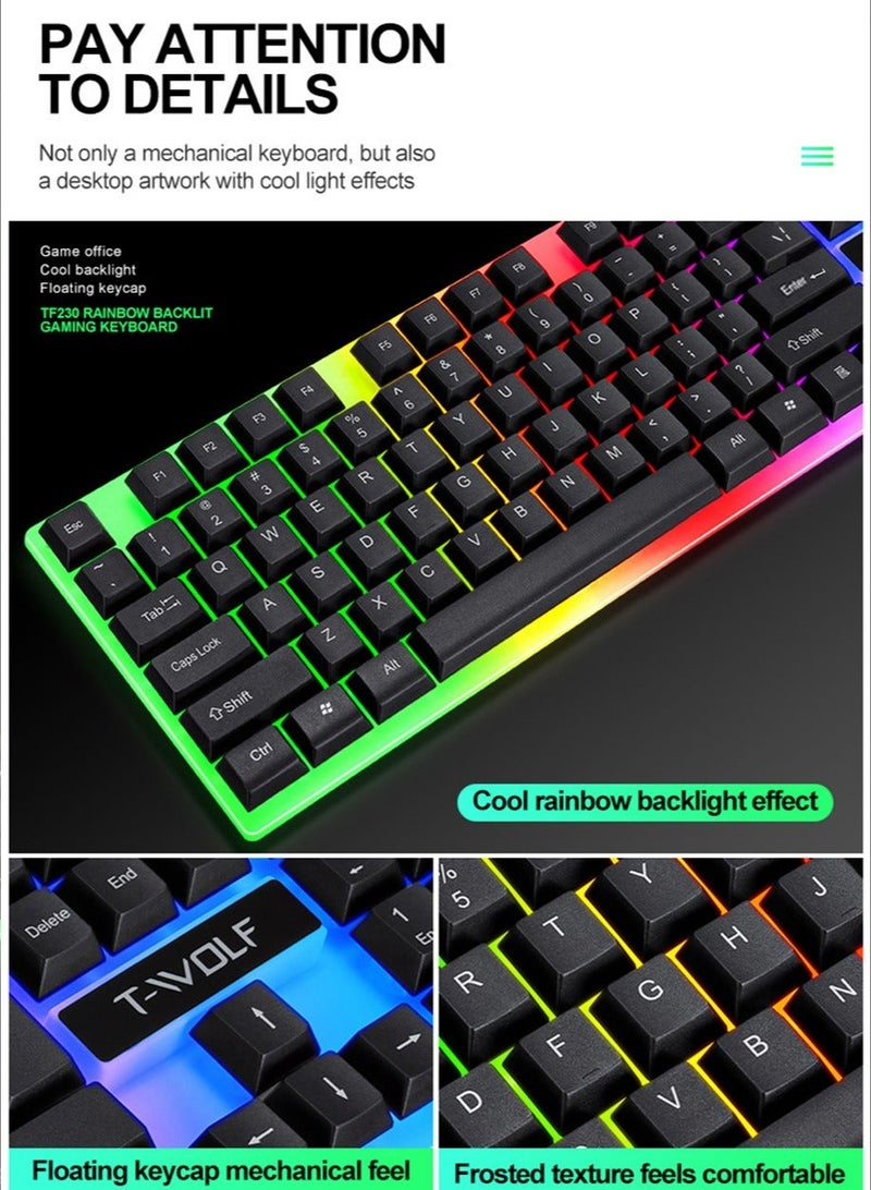 Gaming Keyboard Mouse Combo Rainbow LED Backlit Ambient Light Illuminated Character Wired USB Keyboard Mice Compatible with Windows XP/7/10 MacBook PS4 PS5 Xbox one Value Combo Set