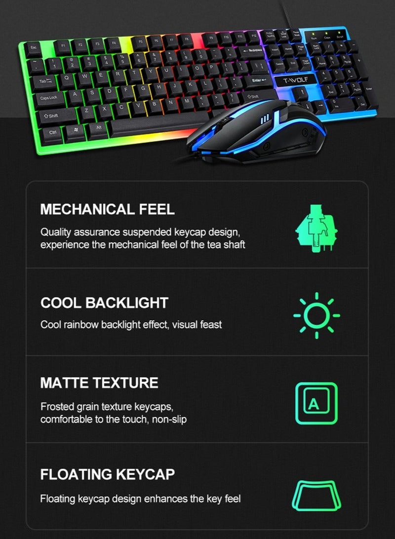 Gaming Keyboard Mouse Combo Rainbow LED Backlit Ambient Light Illuminated Character Wired USB Keyboard Mice Compatible with Windows XP/7/10 MacBook PS4 PS5 Xbox one Value Combo Set