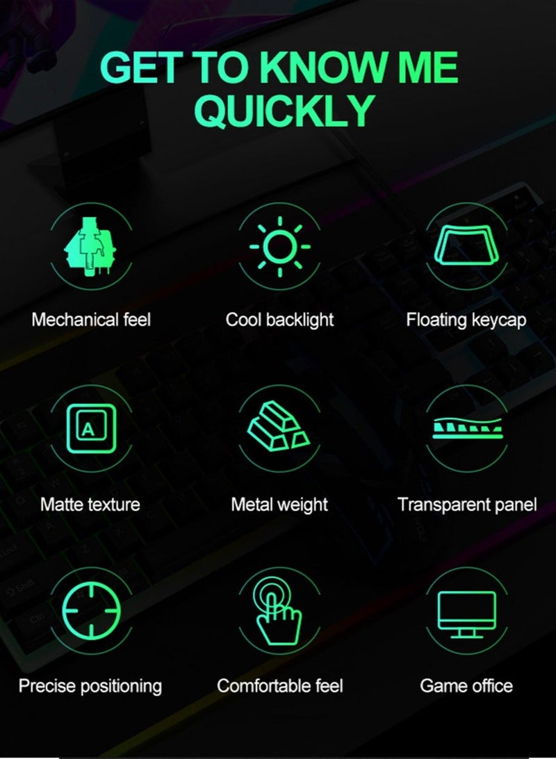 Gaming Keyboard Mouse Combo Rainbow LED Backlit Ambient Light Illuminated Character Wired USB Keyboard Mice Compatible with Windows XP/7/10 MacBook PS4 PS5 Xbox one Value Combo Set