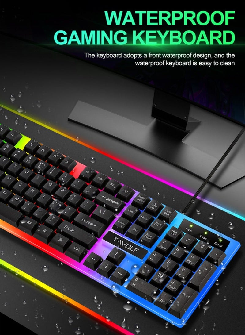 Gaming Keyboard Mouse Combo Rainbow LED Backlit Ambient Light Illuminated Character Wired USB Keyboard Mice Compatible with Windows XP/7/10 MacBook PS4 PS5 Xbox one Value Combo Set