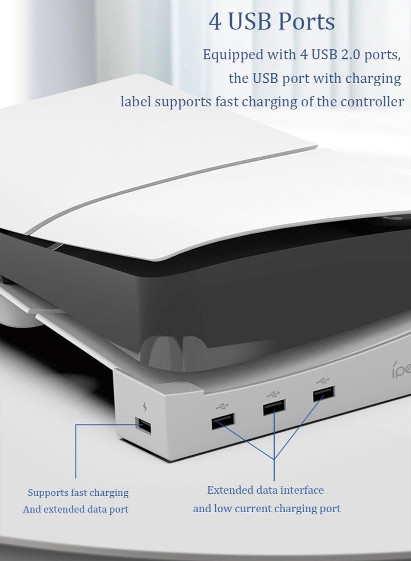 PS5 Slim Console with 4-Port USB Hub for Horizontal Stand Only , Base Stand Accessories for Playstation 5 Slim(Disc & Digital Edition), Holder for PS5 Controller Charging(Not for Regular PS5)