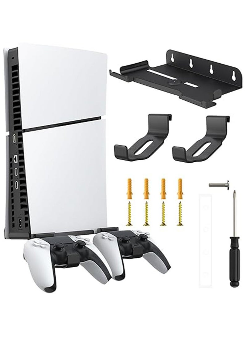 Wall Mount for PS5 Slim - Accessories PS5 Slim Digital/Disc Edition Console Floating Shelf Behind TV, with 2 Detachable Controllers Holder Rack, Solid Metal Stand Kit, Easy Installation