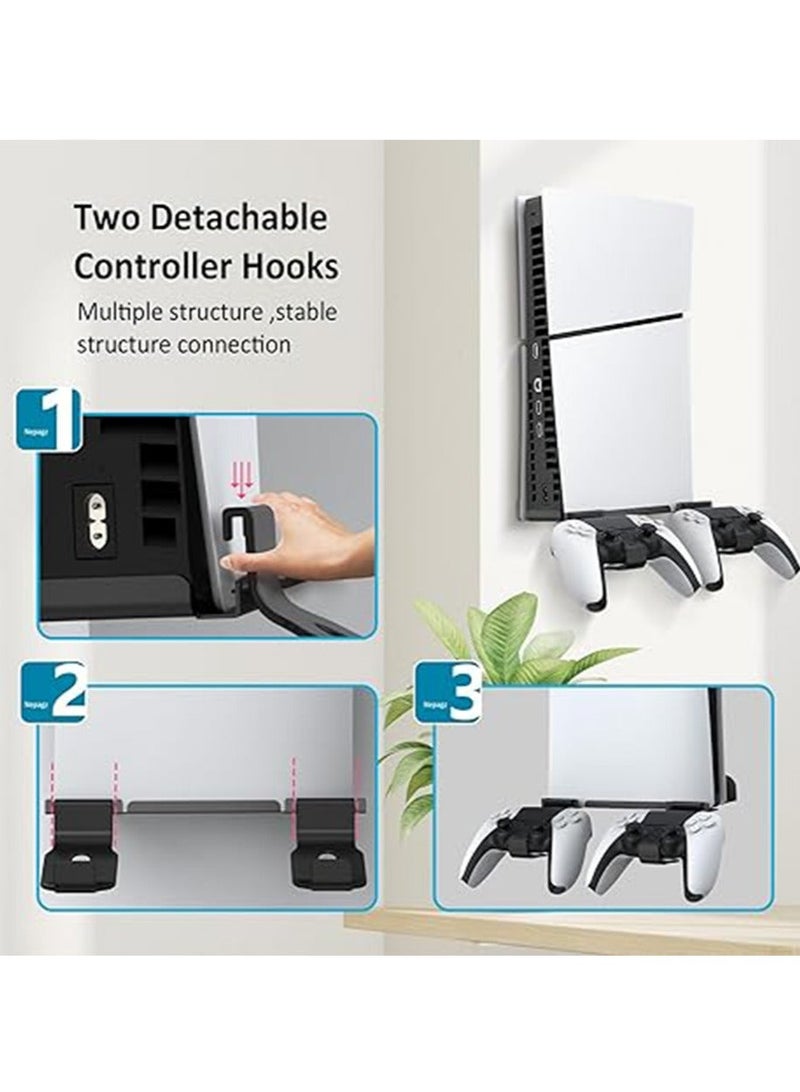 Wall Mount for PS5 Slim - Accessories PS5 Slim Digital/Disc Edition Console Floating Shelf Behind TV, with 2 Detachable Controllers Holder Rack, Solid Metal Stand Kit, Easy Installation
