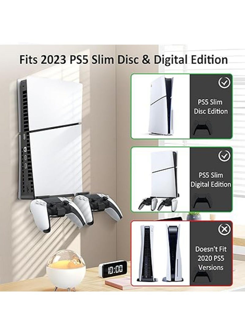 Wall Mount for PS5 Slim - Accessories PS5 Slim Digital/Disc Edition Console Floating Shelf Behind TV, with 2 Detachable Controllers Holder Rack, Solid Metal Stand Kit, Easy Installation