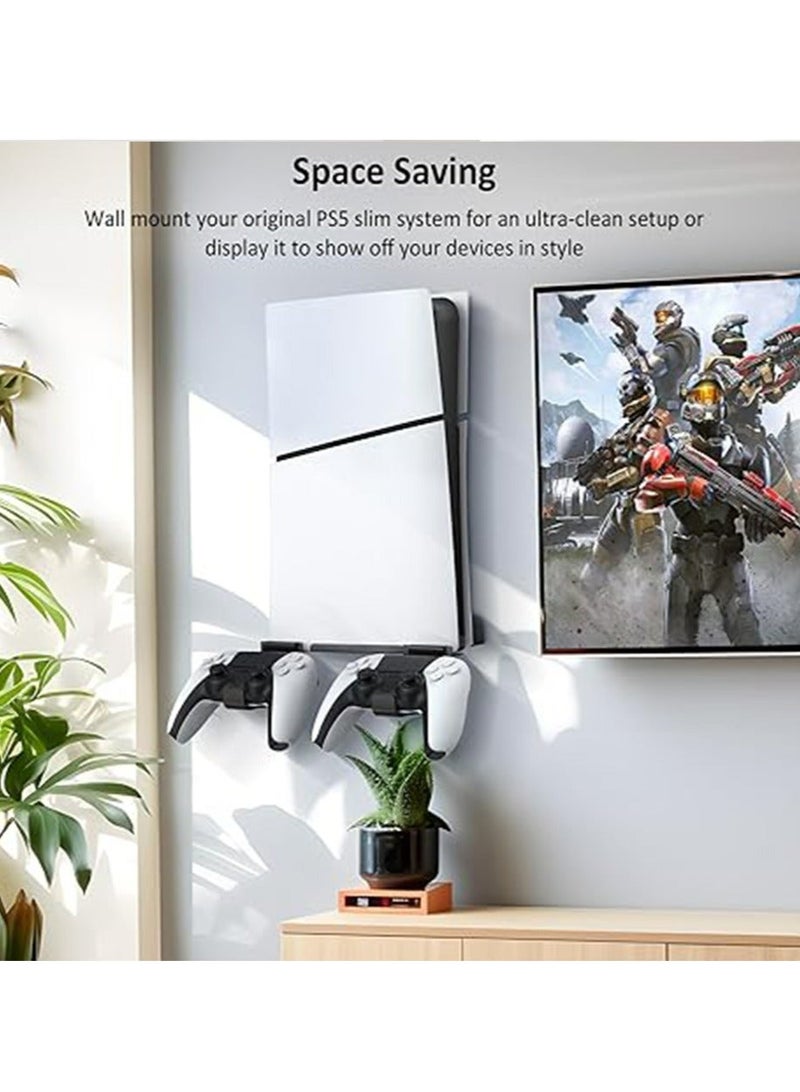 Wall Mount for PS5 Slim - Accessories PS5 Slim Digital/Disc Edition Console Floating Shelf Behind TV, with 2 Detachable Controllers Holder Rack, Solid Metal Stand Kit, Easy Installation
