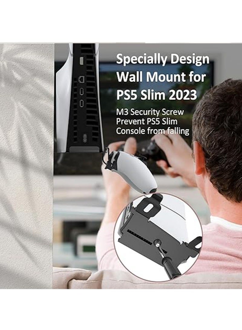 Wall Mount for PS5 Slim - Accessories PS5 Slim Digital/Disc Edition Console Floating Shelf Behind TV, with 2 Detachable Controllers Holder Rack, Solid Metal Stand Kit, Easy Installation