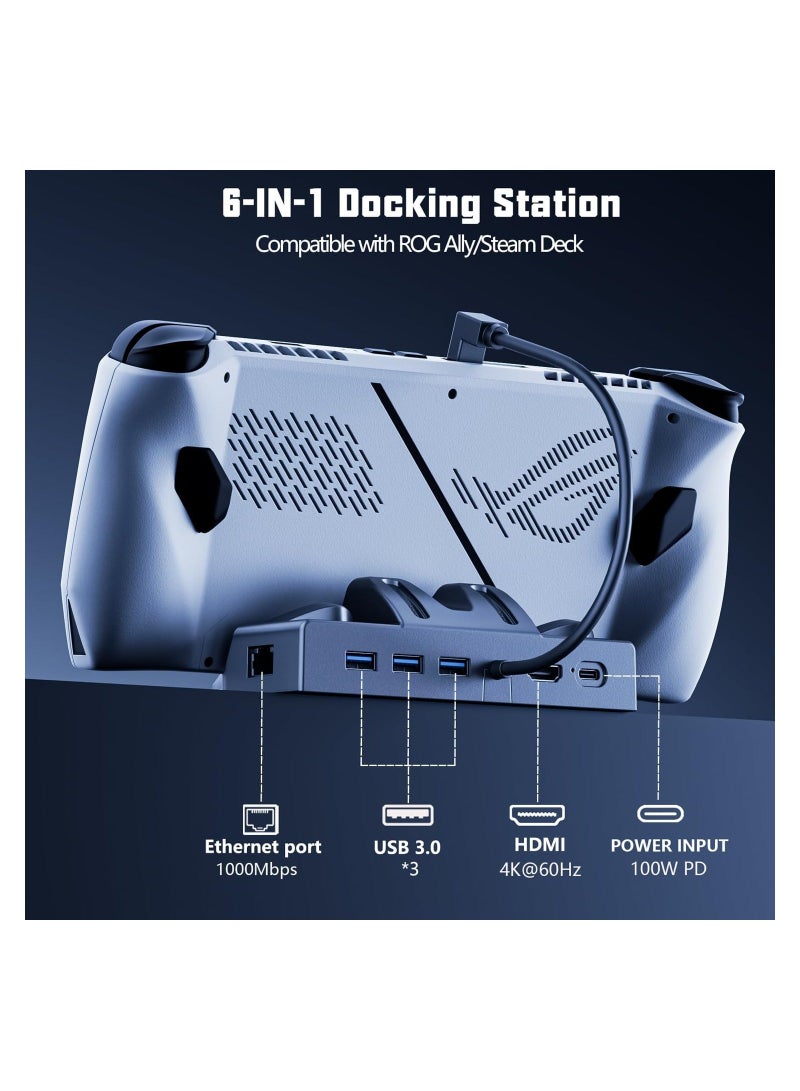 Docking Station for ROG Ally/Steam Deck/Legion Go,6-in-1 Dock with HDMI 2.0 4K@60Hz Gigabit Ethernet 3 USB-A and USB-C 3.0 Charging Compatible with ROG Ally/Steam Deck/Lenovo Legion Go