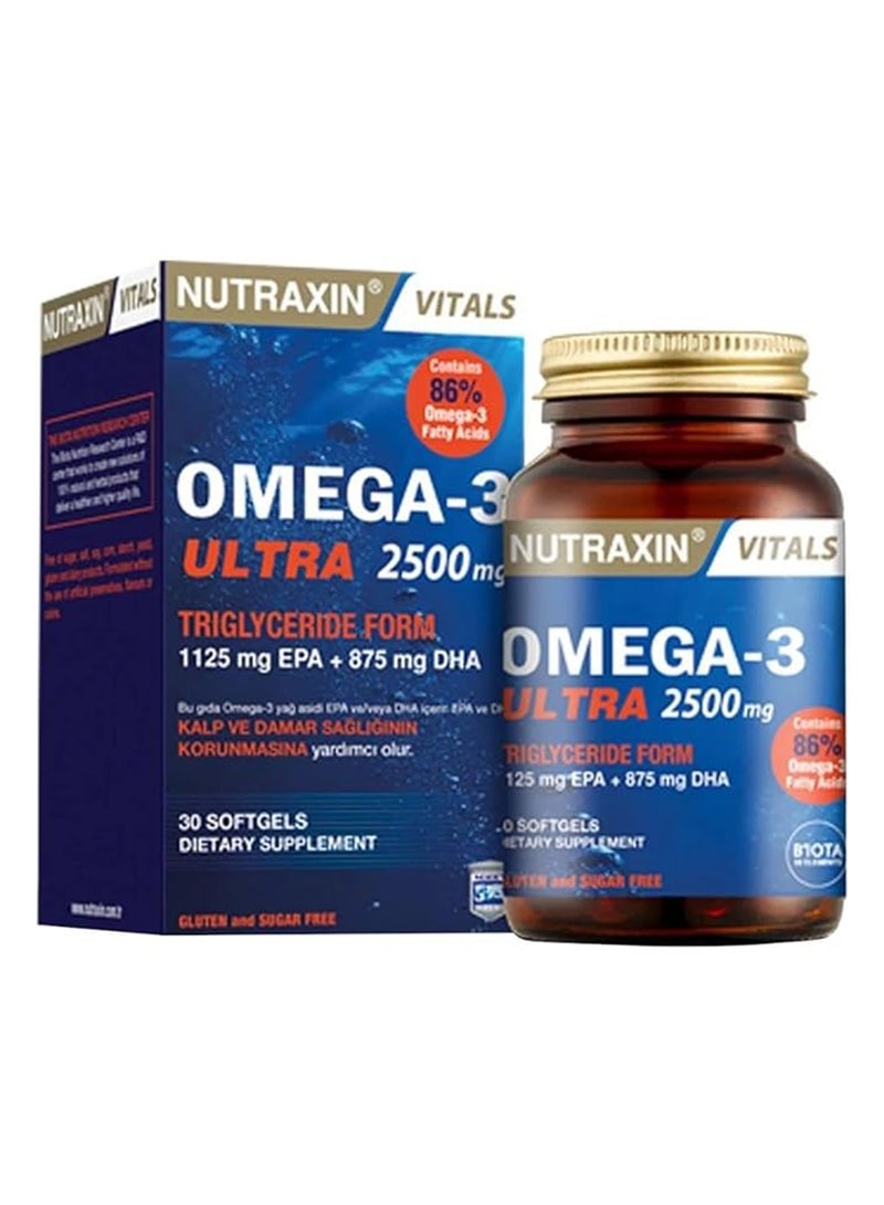 Vital Omega 3 Ultra 2500mg Dietary Supplement for Heart Cardiovascular Sugar Free 30 Softgels