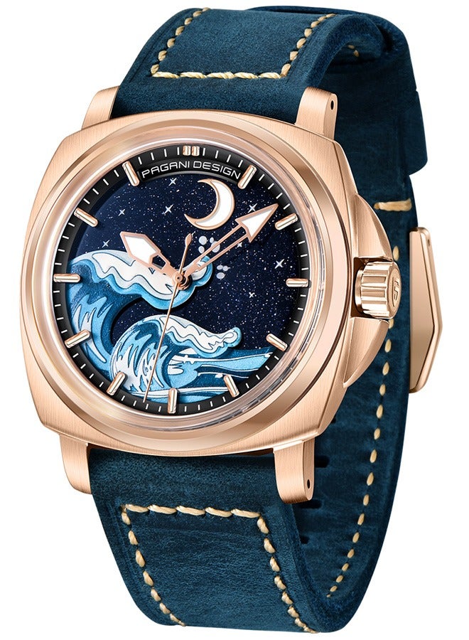 Men's Automatic Mechanical Watches NH35 Movement Imported From Japan, Luminous Dial, Sports Waterproof, Classic Retro Leather Blue Strap, Gold Dial