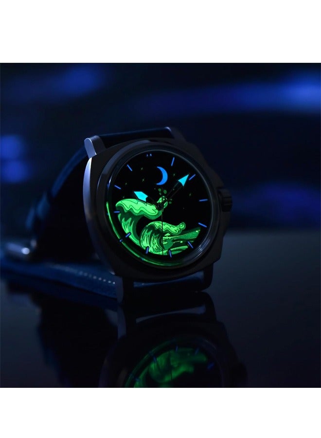 Men's Automatic Mechanical Watches NH35 Movement Imported From Japan, Luminous Dial, Sports Waterproof, Classic Retro Leather Blue Strap, Gold Dial