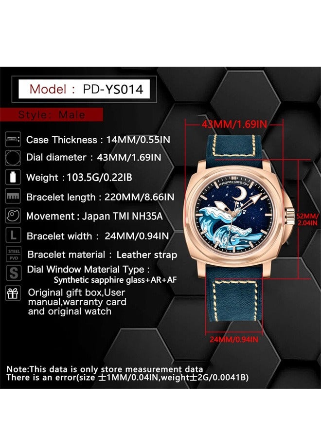 Men's Automatic Mechanical Watches NH35 Movement Imported From Japan, Luminous Dial, Sports Waterproof, Classic Retro Leather Blue Strap, Gold Dial