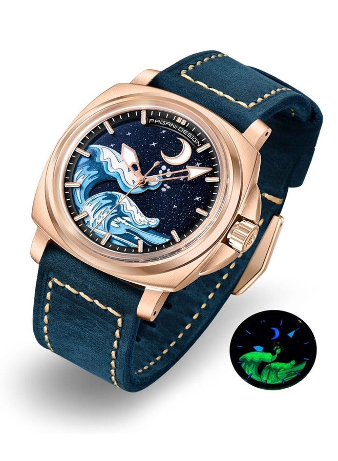 Men's Automatic Mechanical Watches NH35 Movement Imported From Japan, Luminous Dial, Sports Waterproof, Classic Retro Leather Blue Strap, Gold Dial