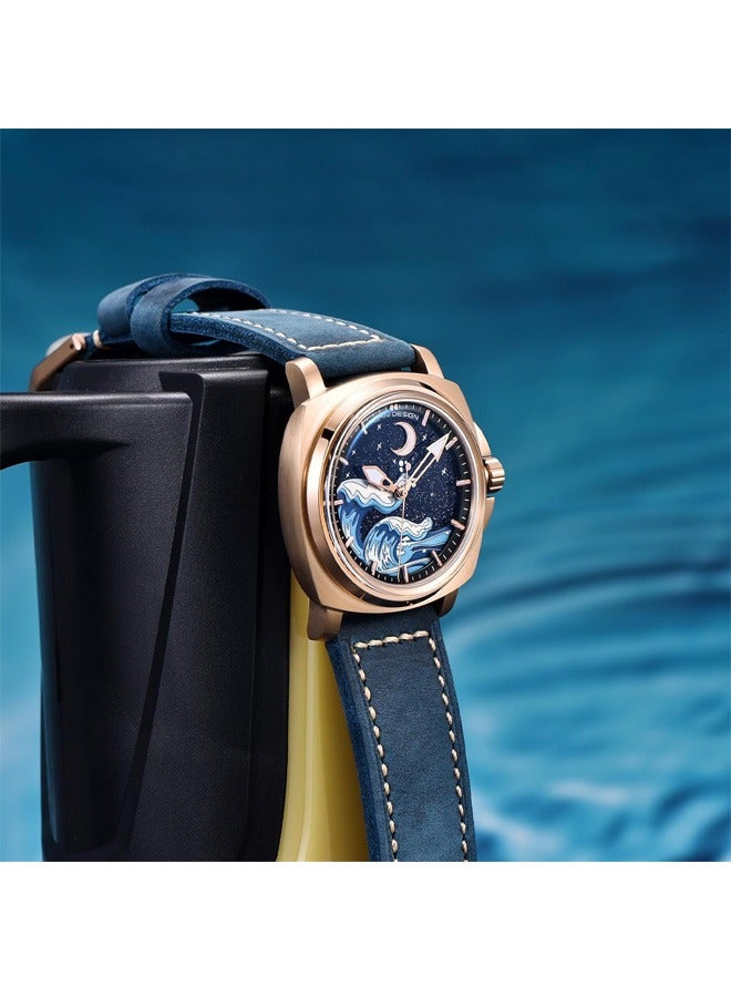 Men's Automatic Mechanical Watches NH35 Movement Imported From Japan, Luminous Dial, Sports Waterproof, Classic Retro Leather Blue Strap, Gold Dial