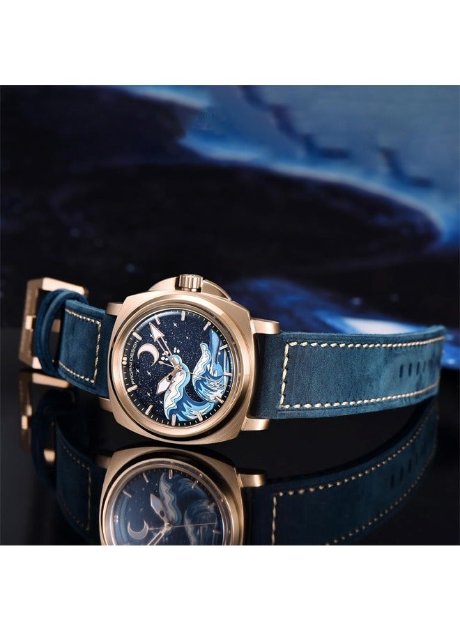 Men's Automatic Mechanical Watches NH35 Movement Imported From Japan, Luminous Dial, Sports Waterproof, Classic Retro Leather Blue Strap, Gold Dial
